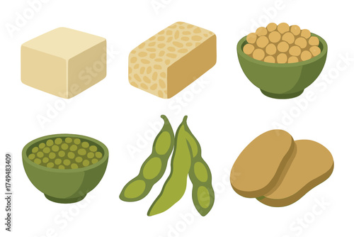 Assortment of plant-based protein sources including tofu, tempeh, soybeans, and fresh edamame
