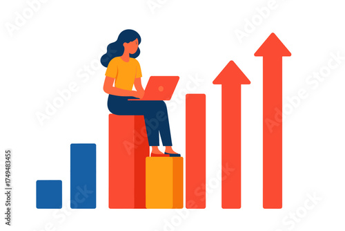 Businesswoman using laptop sitting on rising bar chart symbolizing financial success