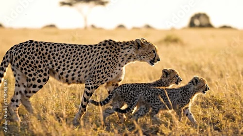 Mother cheetah with two cubs walking in golden grass