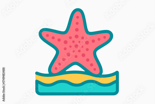 Vibrant pink sea star icon resting on a stylized patch of yellow sand and turquoise ocean water