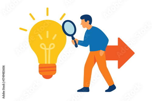 Wallpaper Mural Person examining a bright light bulb idea with a magnifying glass moving towards a solution arrow Torontodigital.ca