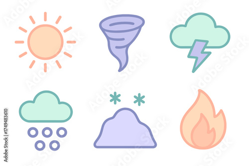 Six colorful symbols representing weather, climate, and natural phenomena including sun, tornado, lightning, rain, snow, and fire