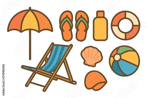 Summer beach vacation essentials collection with umbrella, chair, flip flops, and ball