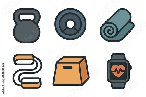 Fitness and gym equipment including kettlebell, weight plate, yoga mat, resistance band, step box, and smartwatch