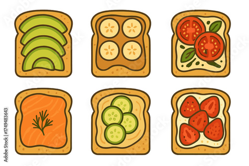 Assortment of delicious breakfast toasts featuring fresh fruit vegetables and smoked salmon