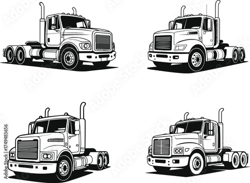 Set of semi truck silhouette, line art vector illustration