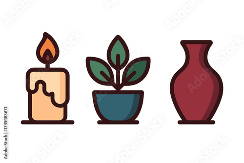 Decorative household objects set with burning candle, potted plant, and ceramic vase