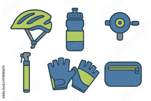 Collection of essential cycling accessories helmet water bottle pump gloves and saddle bag