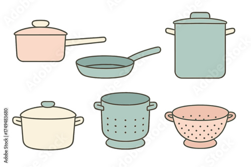Collection of pastel kitchen cookware including saucepans, frying pan, stock pots, and colanders