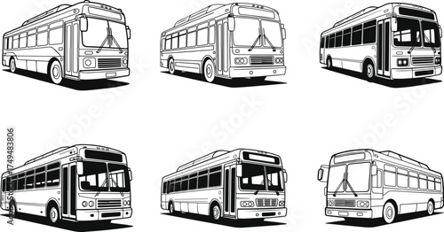Set of bus silhouette, line art vector illustration