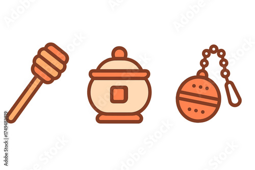 Outline style kitchen accessories featuring a honey dipper, honey pot, and tea infuser ball