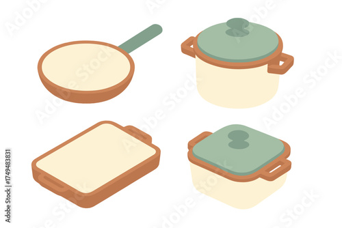 Isometric set of essential kitchen cookware including frying pan, stock pot, baking dish, and casserole dish