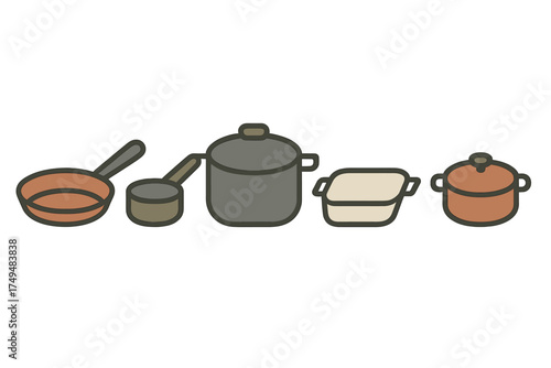 Essential kitchen cookware collection including frying pans, saucepans, stockpots, and baking dishes