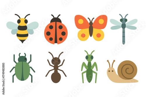Colorful flat design collection of common garden insects and small animals