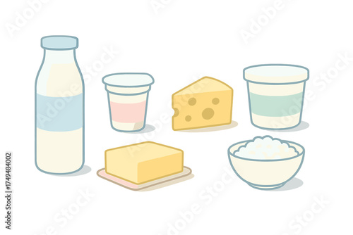 Assortment of fresh dairy products including milk, cheese, butter, yogurt, and cottage cheese