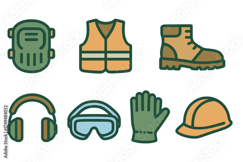 Set of seven personal protective equipment icons including hard hat safety vest work boots gloves goggles ear defenders and knee pads