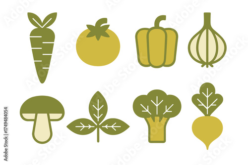 Stylized green and yellow vegetable set featuring carrot, tomato, pepper, and broccoli
