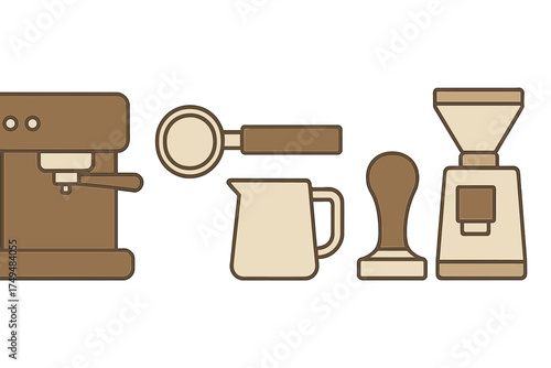Essential tools for making espresso including machine, grinder, portafilter, tamper, and milk pitcher