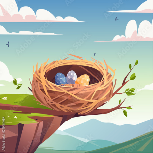 Nest with three colorful eggs on a branch