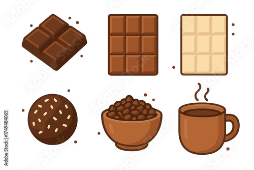 Set of icons showing chocolate bars, coffee beans, truffle, and hot drink mug