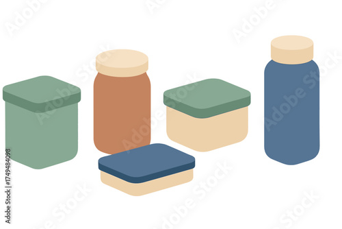 Isometric collection of various storage containers and jars for food or household items