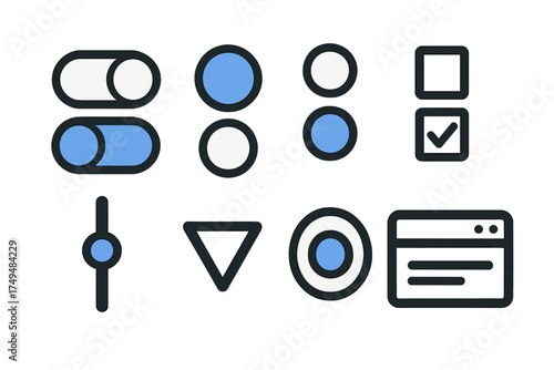 Essential user interface controls featuring toggles radio buttons checkboxes and settings elements
