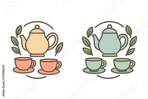 Decorative icons of tea sets with teapots, teacups, and surrounding green leaves