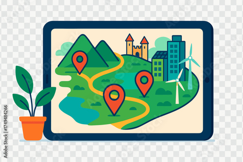 Digital map interface on a tablet screen showing navigation route and location pins