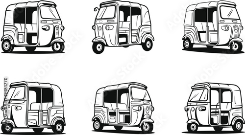 Set of auto rickshaw silhouette, line art vector illustration