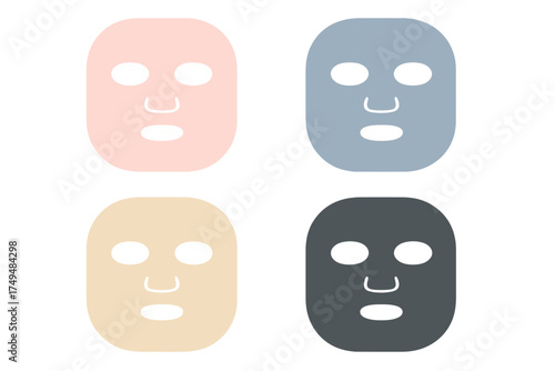 Four assorted sheet face masks in pink, blue, beige, and charcoal colors