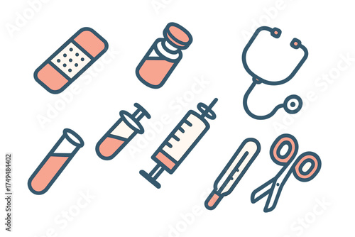 Flat outline icons representing various medical and healthcare tools and supplies