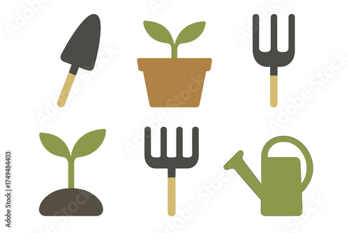 Set of gardening tools and growing plant icons for spring planting season