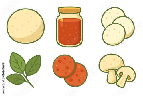 Pizza components icons featuring dough sauce cheese basil pepperoni and mushrooms