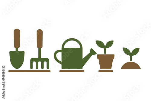 Set of icons depicting gardening tools and various stages of plant development