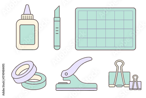 Pastel colored assortment of crafting and office supplies
