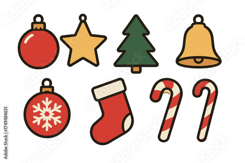 Colorful set of festive Christmas holiday icons featuring ornaments tree stocking and candy canes