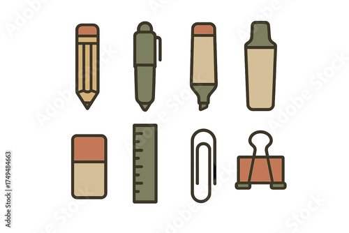 Basic writing and office supply icons in muted retro colors