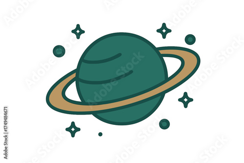 Stylized ringed planet icon with surrounding stars and decorative dots