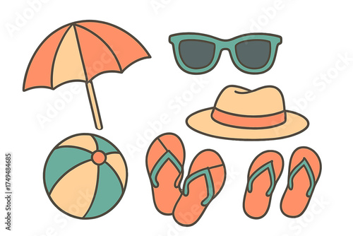 Colorful assortment of essential beach vacation accessories icons