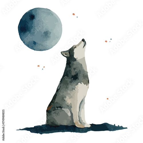Majestic Watercolor Wolf Howling at Full Moon Illustration.