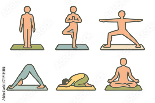 Six stylized figures performing basic yoga poses on exercise mats