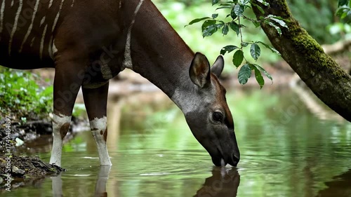 Okapi drinking water near a river in the forest