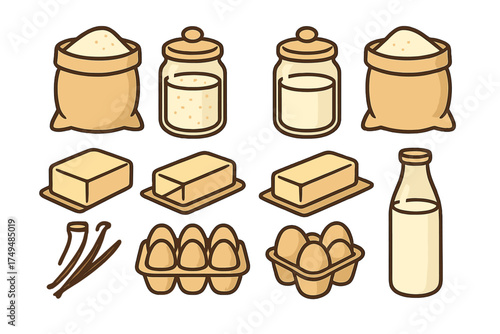 Baking ingredients set with flour, butter, eggs, milk, and vanilla beans