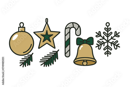 Golden and green Christmas holiday decoration icons set