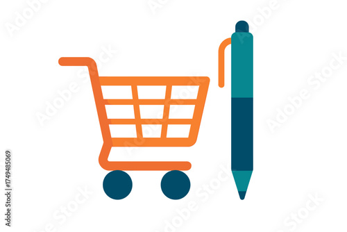 Shopping cart and pen icon combination for online purchase or order concept