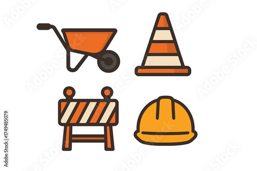 Set of construction site icons featuring wheelbarrow, traffic cone, barrier, and hard hat