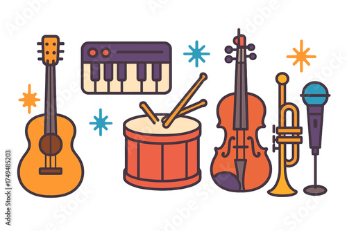 Colorful musical instrument icons for performance and sound concepts