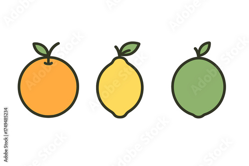 Three citrus fruit icons orange lemon and lime simple flat design