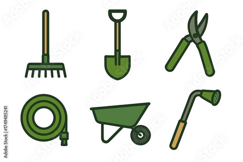 Essential gardening tools icons featuring rake shovel hose and wheelbarrow