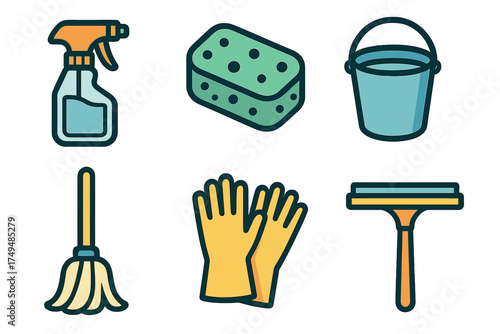 Household cleaning tools and supplies icon set for housekeeping tasks